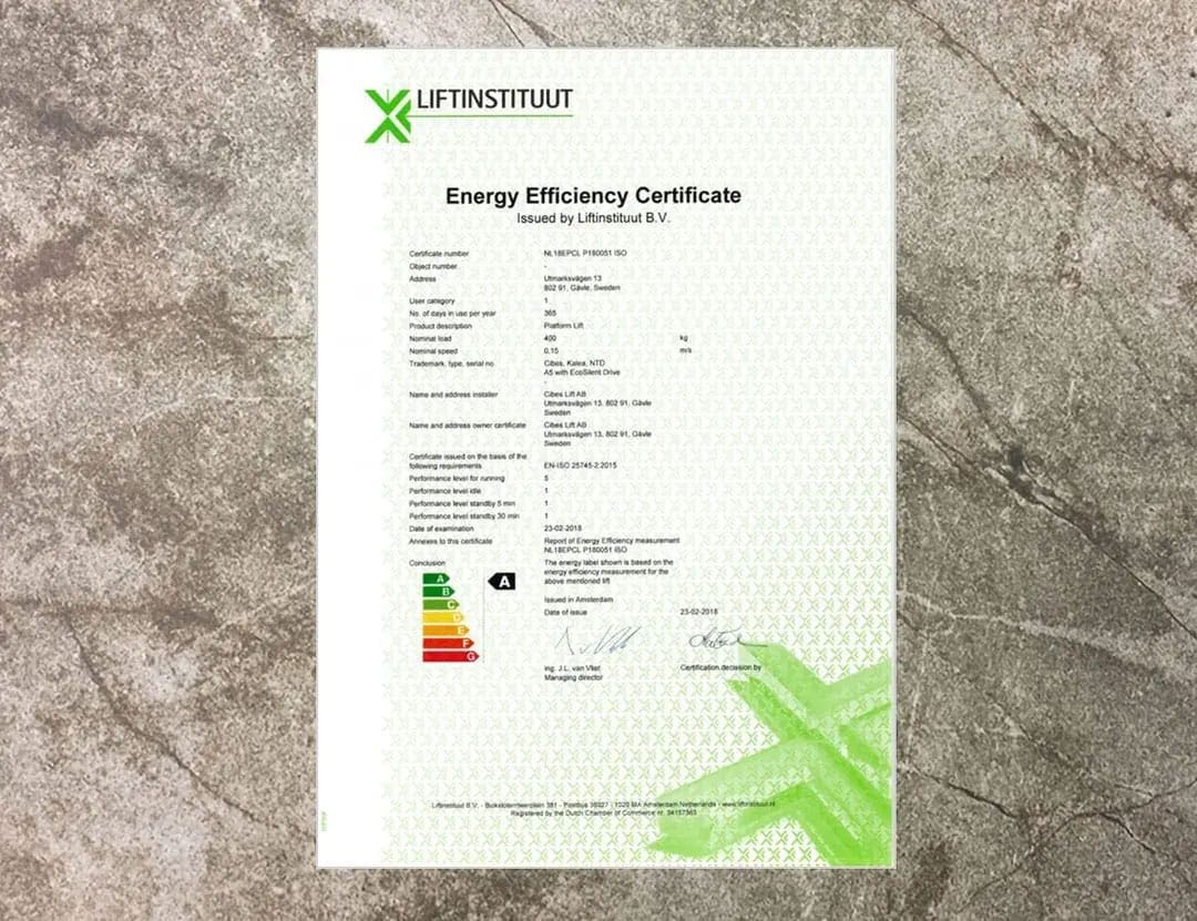 energy label A certificate from liftinstituut ใบรับรองจาก Liftinstituut ว่าเทคโนโลยี EcoSilent ของ Cibes ประหยัดพลังงานในระดับ Energy Label A
