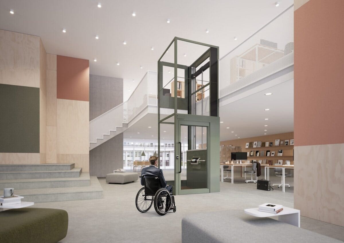 wheelchair user is heading towards cibes lift ลิฟท์สำหรับผู้ใช้รถเข็น ลิฟท์วีลแชร์สำหรับผู้พิการของ Cibes Lift