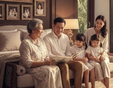 บ้านสำหรับครอบครัวหลายวัยที่วางแผนติดตั้ง home lift Cibes — คุณตาคุณยายอ่านหนังสือกับหลานๆ