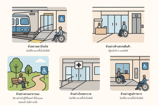 ตัวอย่างพื้นที่สาธารณะที่ต้องคำนึงถึงการออกแบบตามหลัก Universal Design สำหรับผู้พิการ